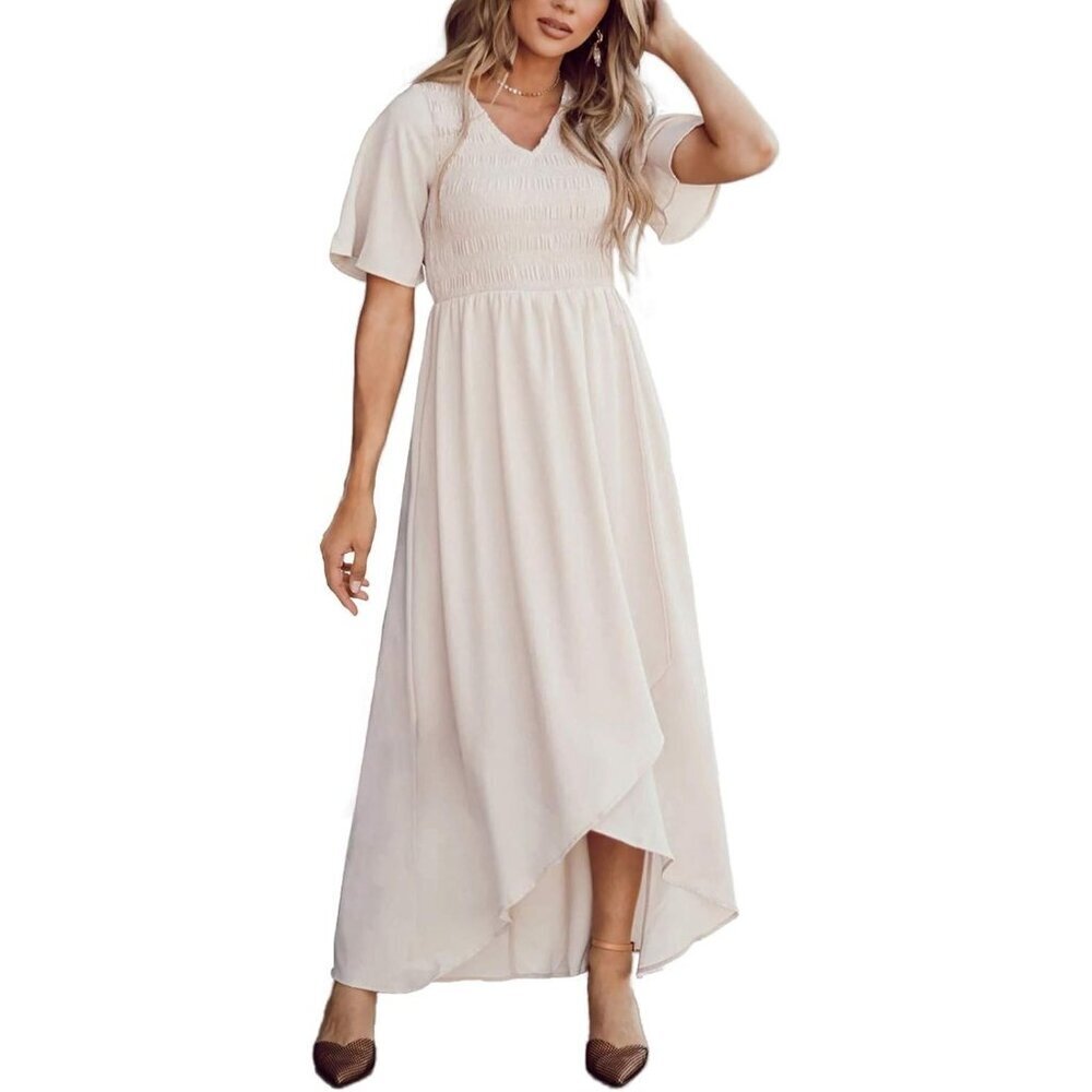 Zattcas Women Maxi Dress M Smocked V Neck Short Sleeve High Low Flowy Long